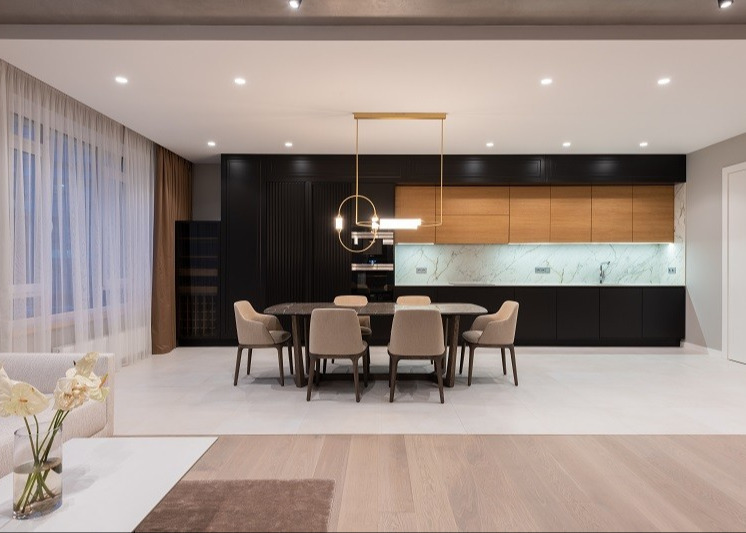 DTC 200cm Modern Stained Kitchen Cabinets With Painted Island Breakfast Bar