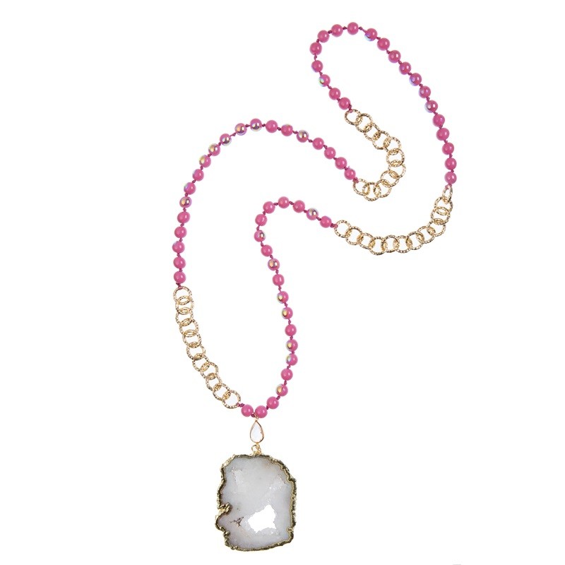 White Druzy Pendant Pink Color Beads Long Necklace With Gold Edge