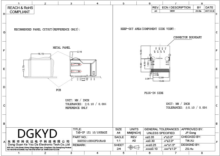 DGKYD211B502FD1RA4D Anti-Port 100M Connector RJ45 Network Interface