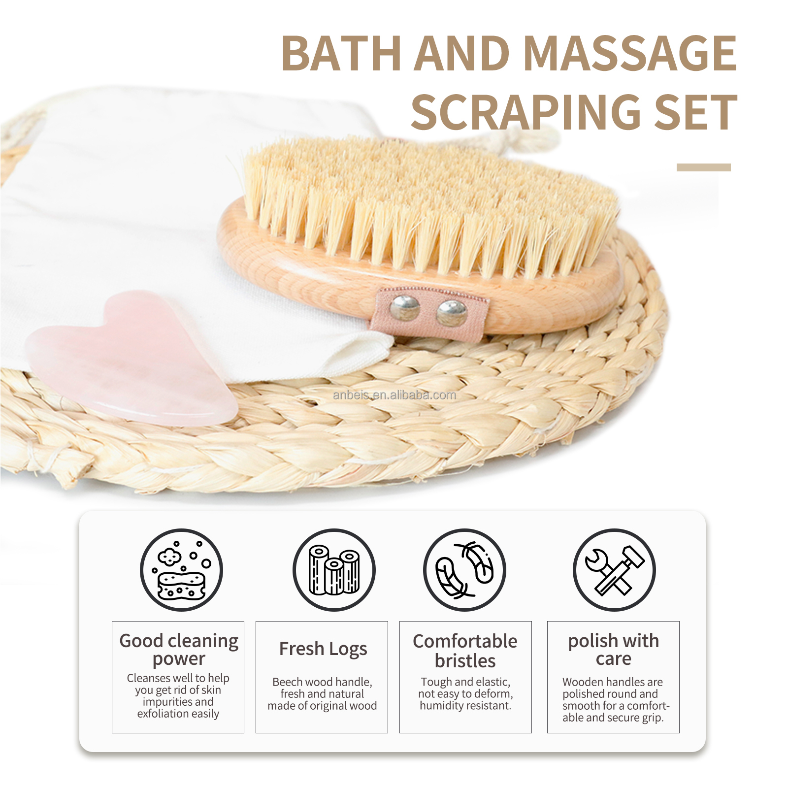 Exfoliating Body Bath Dry Brush Kit Wooden Scrub Bath Spa Massage