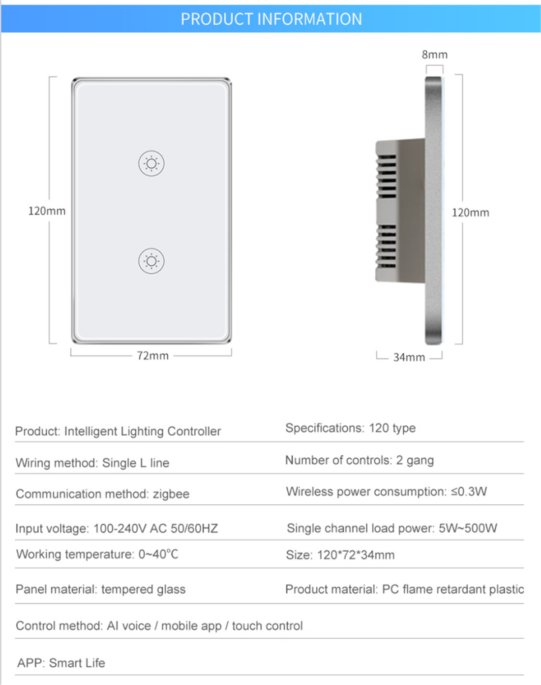 Magnetic Relay Light Switch 2Gang Without N