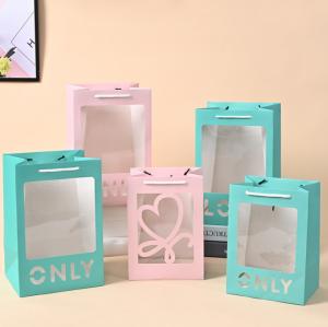 China Blue PVC Window Cardboard Gift Bags With Laser Cut Love Recyclable Tote With Handle wholesale