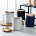 Custom Large 15oz Nordic Matte Black White Ceramic Coffee Mug with Wooden Lid