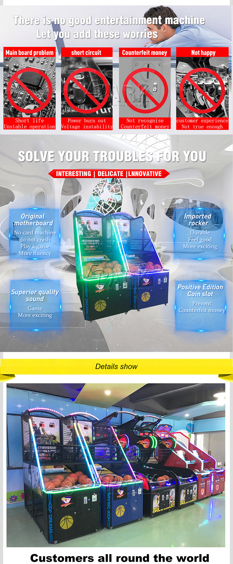 Coin Operated Arcade Basketball Game Machine or 1 to 2 Player 100W