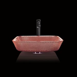 China Electroplated Countertop Vanity Sinks Glass Square Vessel Shinning Copper Color Modern wholesale