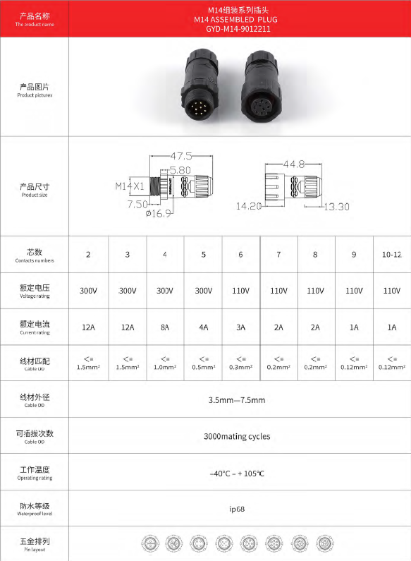 Male Female 7 8 9 Pin M14 Waterproof Electrical Connector Socket