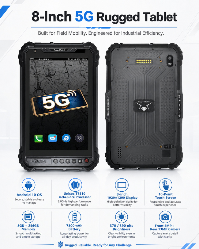 Wireless Rugged Tablet with WiFi Bluetooth and GPS 8 Inch for Field Data and Team Work