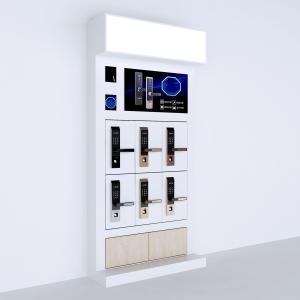 China Mdf Wood Retail Wall Display Shelves 6 Pieces Smart Door Lock Display Stand With LED Lights wholesale