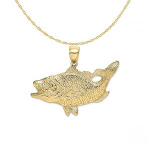 China Carat in Karats 10K Yellow Gold Open Mouth Bass Fish Pendant Charm With 14K Yellow Gold Lightweight Rope Chain Necklace wholesale