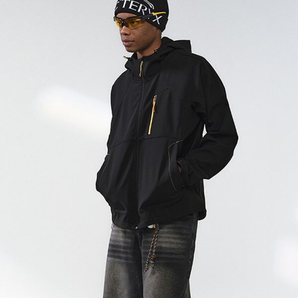 Men Hooded Soft Shell Hiking Jacket, Windproof Water Repellent Fleece Lined Outdoor Coat, OEM Custom Logo & Private Label