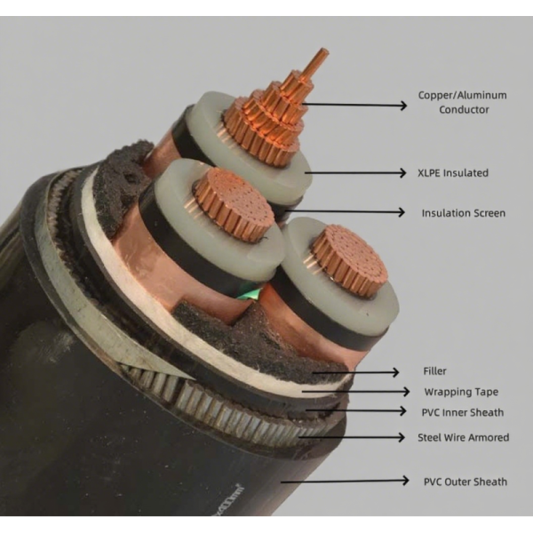 6KV 60A Medium Voltage Armored Cable Explosion Proof Power Cable PVC Shealth