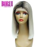 Straight 1b Gray Hair Extensions Human Hair Brazilian Short Ombre Bob Wig 13*4
