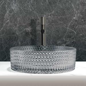 China Countertop Mounted Glass Wash Bowl Transparent Ligth Grey Color Bathroom Basin Sinks wholesale