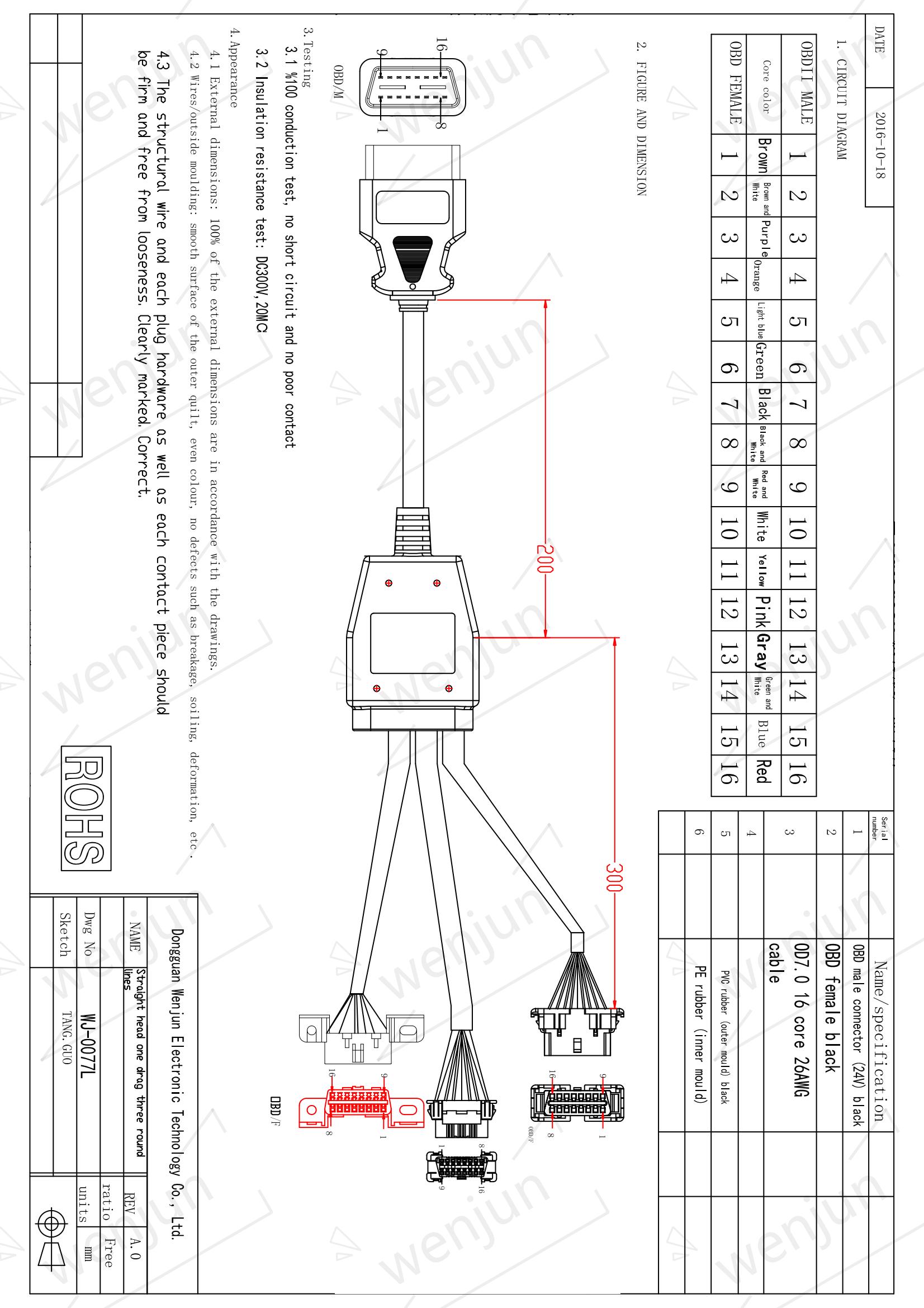 Automotive OBD2 Connector Cable 16 Pin Male Port To 3 Female
