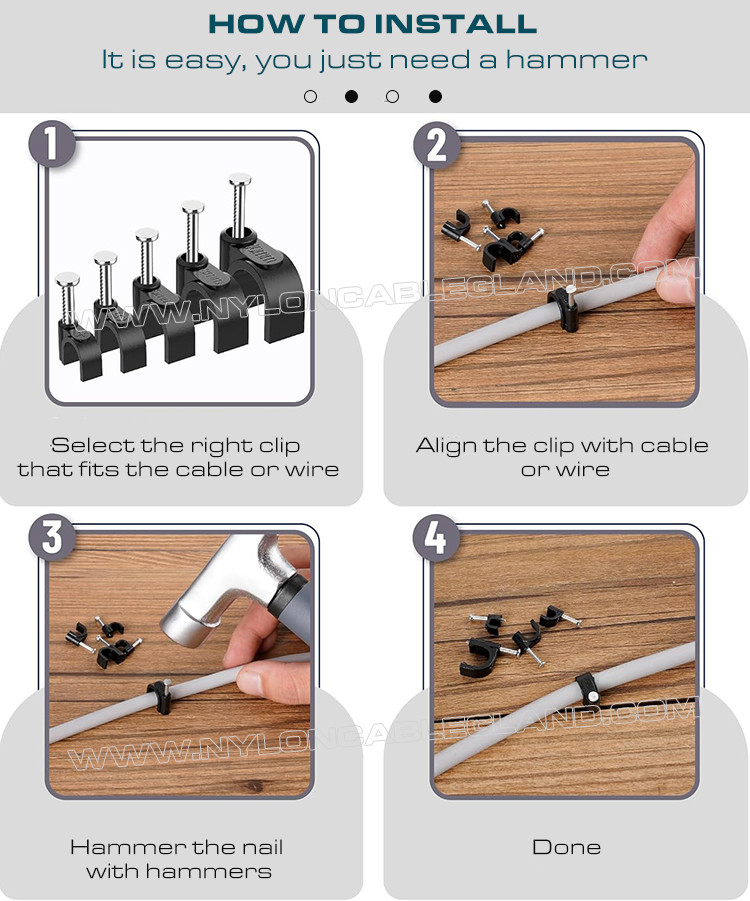 Cable Clips (Wire Clips, Nail Clips), Polyethylene, Black/White, U-Shaped, K-Type, 4mm~32mm, For Cable Management