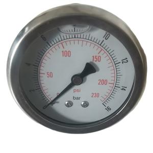 China 2-1/2 inch liuqid fillled Pressure Gauge, glycerine, silicone oil, stainless steel, 0-230psi/bar, 1/4 BSP back mount, wholesale