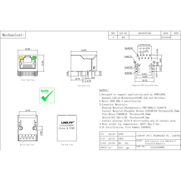 JXD1-0026NL 1000 Base-T Ethernet Rj45 Surface Mount Jack With Integrated Ethernet Magnetics
