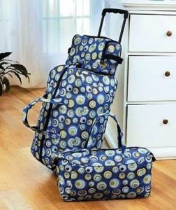 China New 3-Pc. Blue Polka Dot Luggage Set Rolling Duffel Tote Toiletry Bag Suitcases on sale