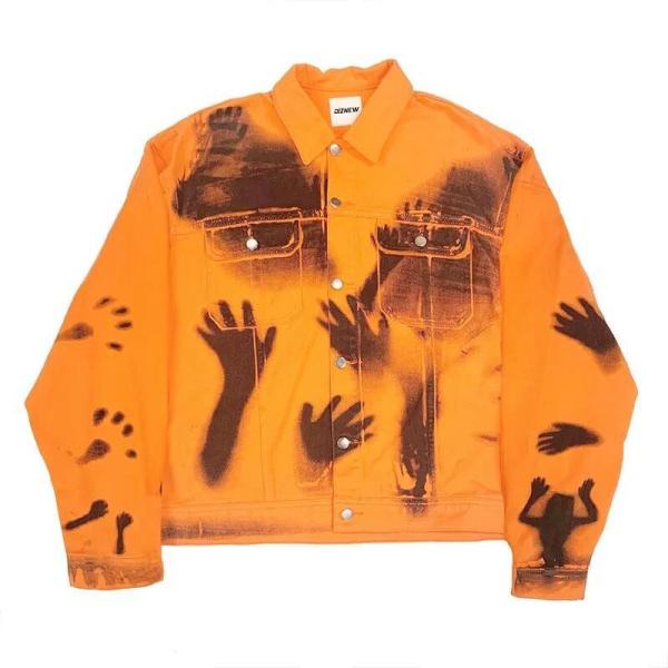 Jacket Button Orange Men′s Jackets & Coats Full Over Digital Printed Distressed