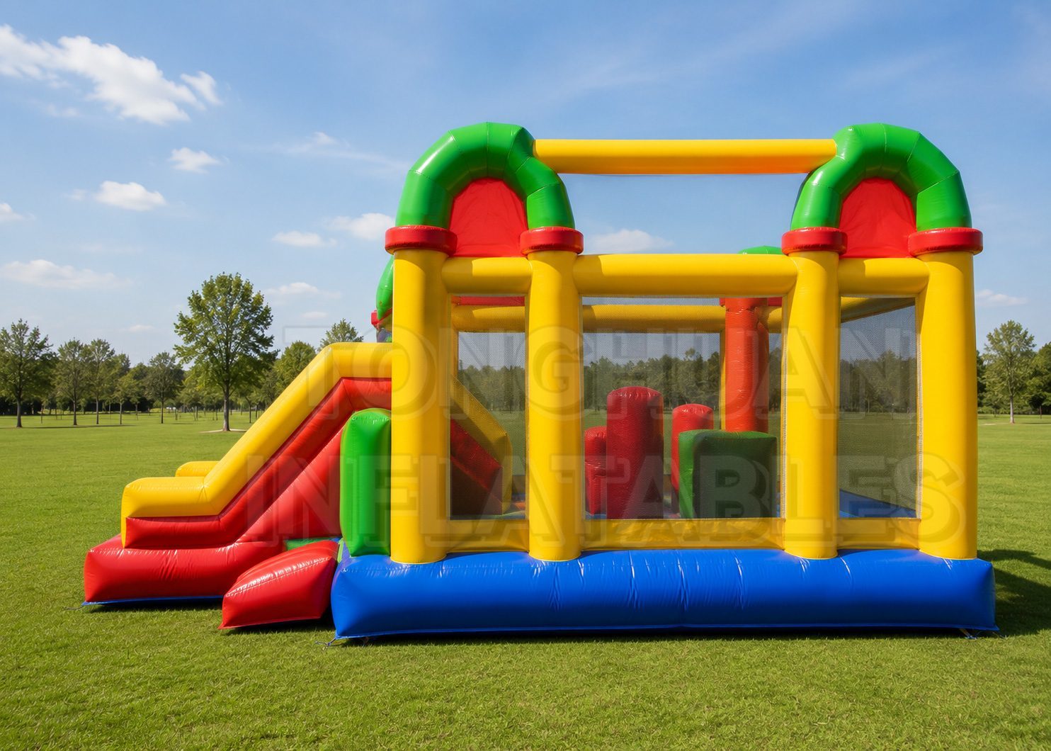 Colorful Inflatable Bouncer Combo with Slide and Obstacle Play Area for Kids Parties and Rental Events