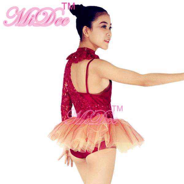 2 In 1 Ballerina Dance Costumes Asymmetrical Oone Sleeve Sequin Dress Two Tones