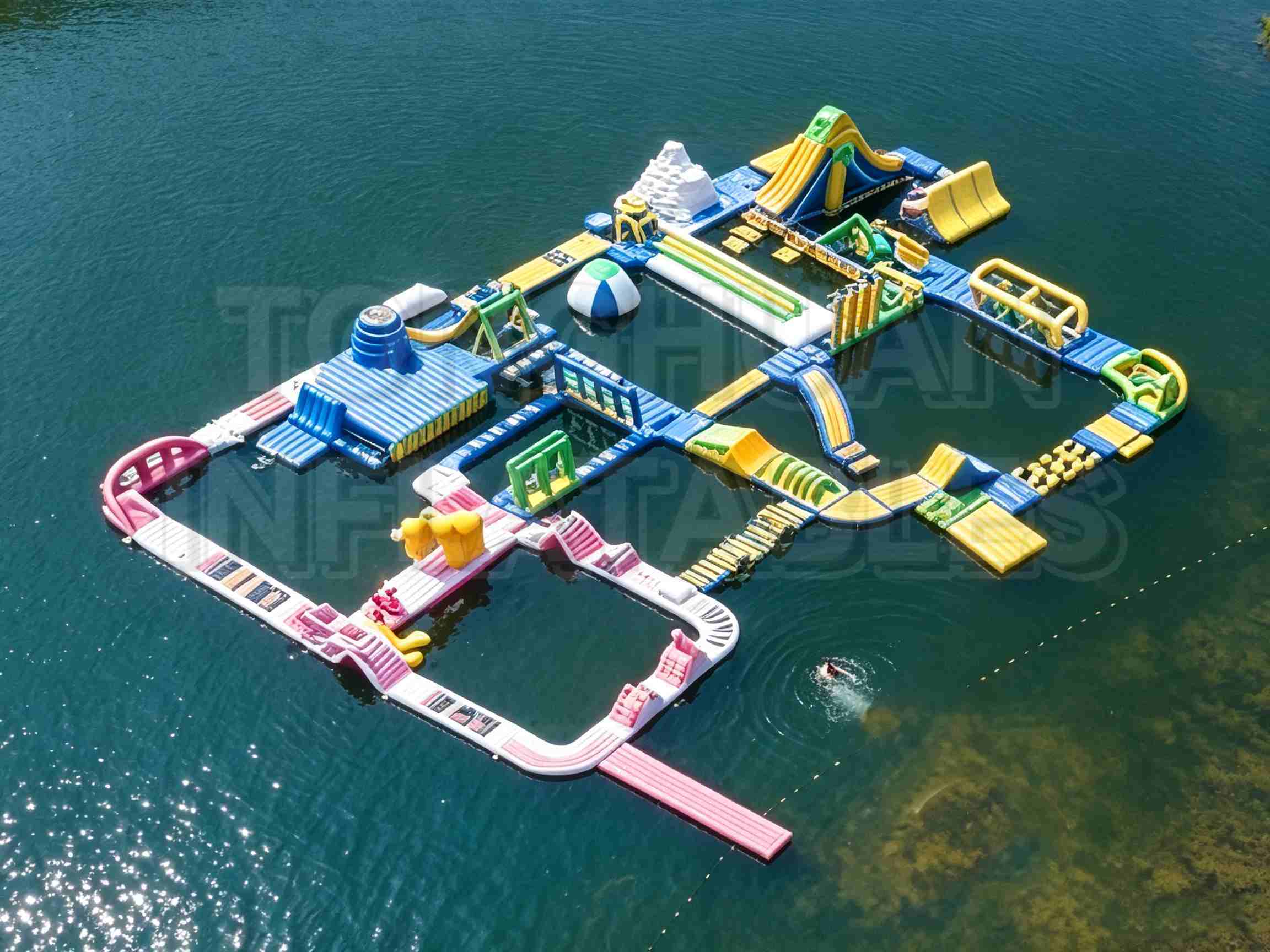 Custom Modular Inflatable Water Park with Colorful Slides Climbing Walls Balance Bridges and Floating Activity Zones for Lakes Resorts Camps and