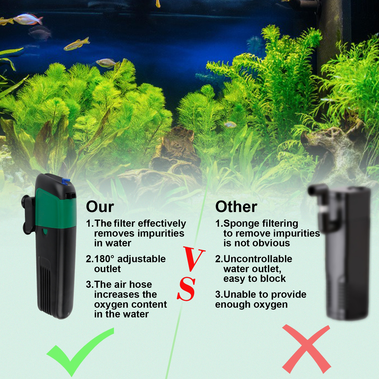 132GPH Aquarium Water Pump Internal Power Filter Increase Oxygen For Fish Tank