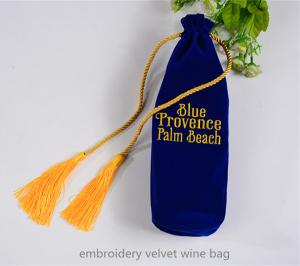 China royal blue embroidery velvet drawstring wine bottle bag with tassels wholesale