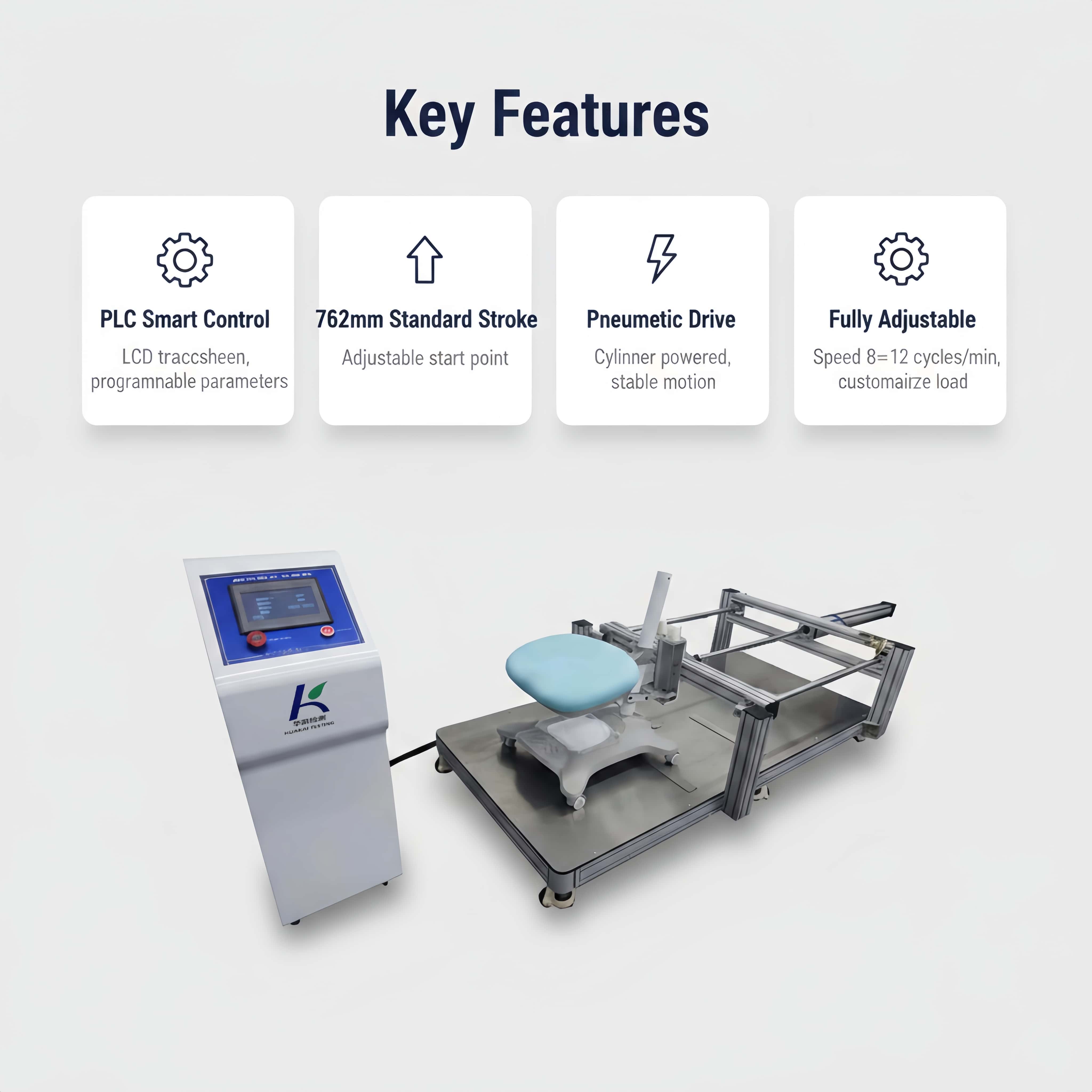Office Chair Caster Fatigue Endurance Testing Machine | Pneumatic Drive Caster Wheel Wear Life Tester | PLC Control BIFMA X5.1