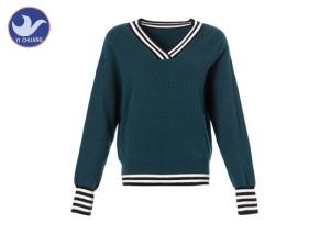China Dark Green Ribs Womens Knit Pullover Sweater Stripes in V Neck , Cuff And Welt wholesale