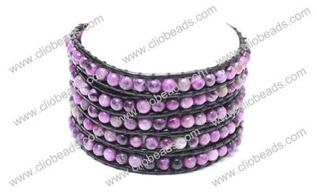 Leather Wrap Bracelet, Five Rows, Dyed Purple Jasper Rounds Beaded Cuff
