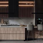 Customized Wooden Veneer And Matt Black Lacquer Modern Kitchen Cabinet Designs