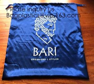 China Large Dark Navy Blue Satin Dust Bag With Drawstring,Thick Black Satin Pouch With Gold Printing, bag with Printed Ribbon on sale
