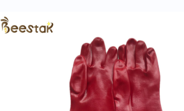 Hands Protecting Honey Beekeeping Gloves With White Canvas And Red Rubber