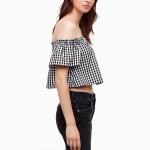Latest Clothing Ladies Fashion Summer Top Cotton Plaid Off Shoulder Blouse for