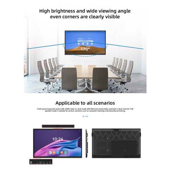 86" Interactive Smart Board Touch Screen Flat Panel Display Android 14 4K UHD Commercial Screen
