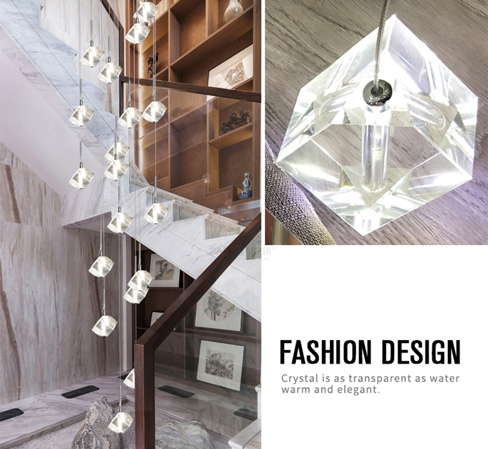 LED square pendant lights hotel villa large spiral staircase chrome Diamond Chandelier(WH-NC-57)
