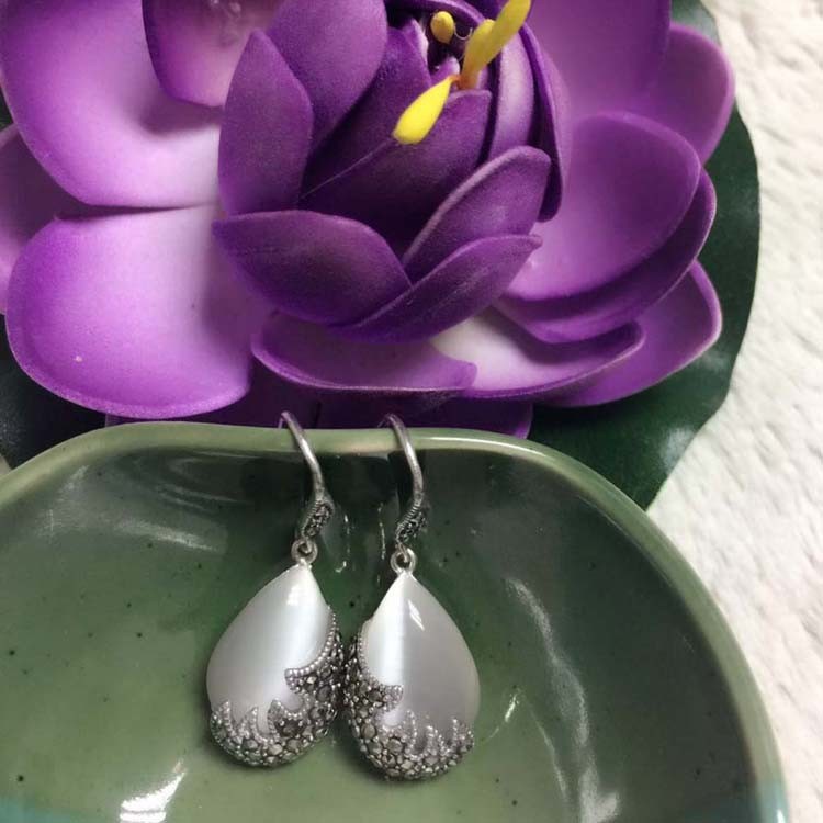 Vintage Sterling Silver with Opal Marcasite Dangle Drop Earrings(E12033WHITE)