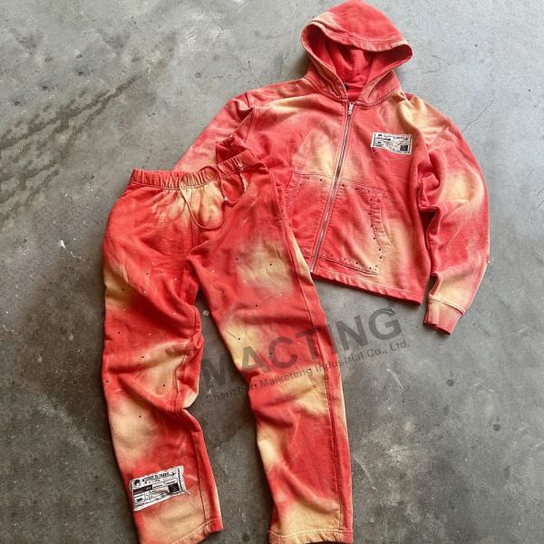 Vintage Sun Faded Acid Wash Tracksuits Custom Rhinestone Distressed Hoodie And