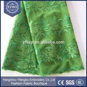 China Green embroidery lace in switzerland / african lace and tulle fabric with rhinestones wholesale