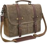 15.6 Inch Waterproof Vintage Genuine Leather Waxed Canvas Briefcase Large