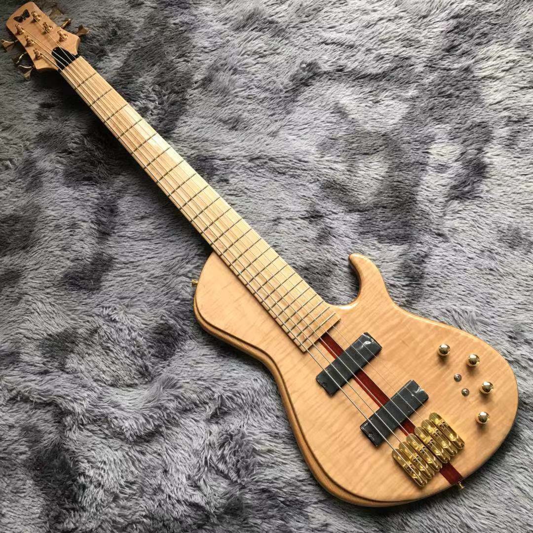 Custom Flamed Maple Top Neck Through Body 6 Strings 24 Frets Active Pickup Electric Bass Guitar