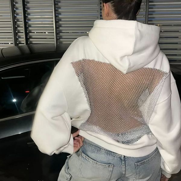 Customize Solid Rhinestone Bling Hollow Out Hoodie Backless Design Eye-Catching Must-Have Polyester/Cotton Oversized Breathable