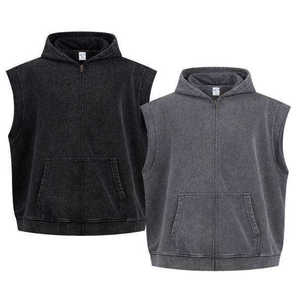 Retro Winter Washed Stir Fried Snowflake Distressed Effect Zipper Loose Edge Shoulder Mouse Bag Heavyweight Hoodie Hooded Vest