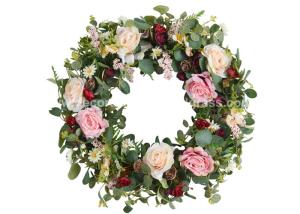 China PVC Plastic Polyester Rose Artificial Flower Wreaths 15.7'' wholesale