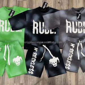 China Summer Applique Embroidered Distressed Patch Hoodie Acid Wash Vintage Tshirt Shorts Set 2 Piece Short Set for Men Custom Logo wholesale