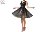 V Collar Chiffon Short Length Prom Dresses , Short Evening Gowns Gold Sequin