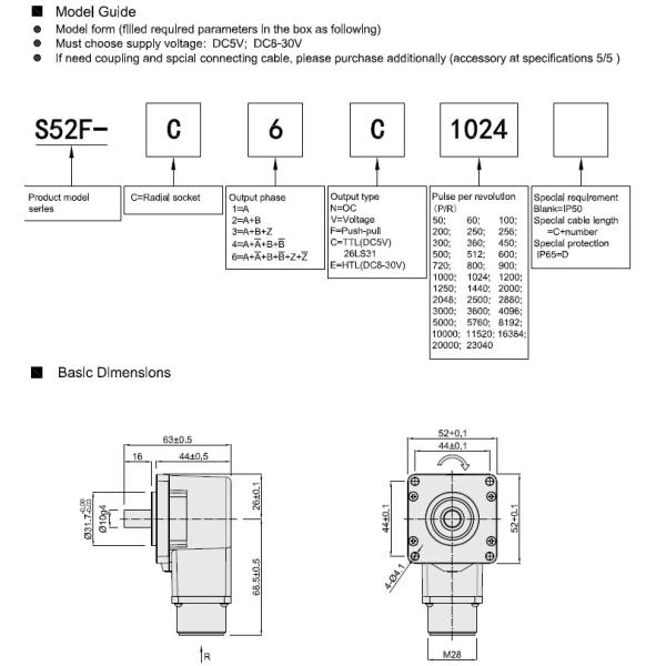 S52F Solid Shaft Flange Encoder Thickness 44mm Slew Speed 6000rpm Heavy Duty