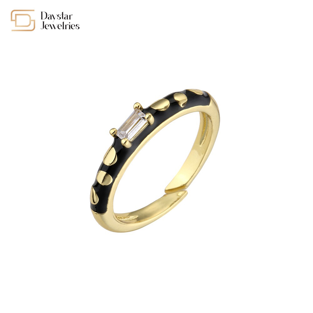 Adjustable Open Black Enamel Rings , Gold Plated Baguette Diamond Rings