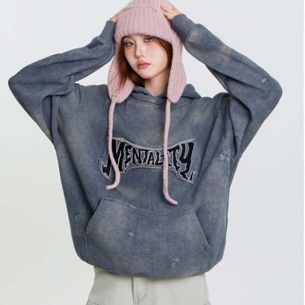 Support Customization Winter High Street Stickers Graffiti Dirt Stains Denim Oversized Hoodies Men's 3D Embroidery Heavy-duty